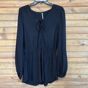Free People Black Women’s Deep V Long Sleeve Top Lace-up Size Small